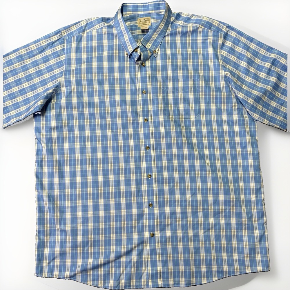 LL Bean Traditional Fit Plaid Short Sleeve Shirt Blue 3XLT Tall 504266